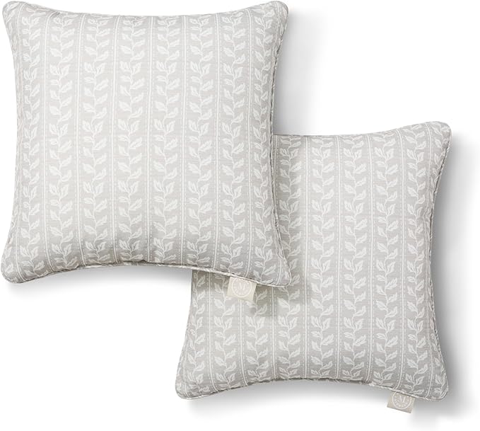 Martha Stewart Vineyard Vines Indoor Outdoor Decorative Pillow 2-Pack Set, UV Fade Resistant, Water Repellent, Printed Garden Design, Warm Grey, 18"x18"