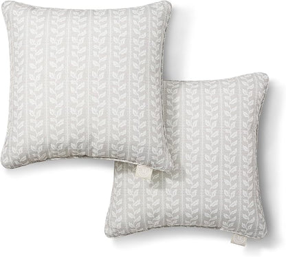 Martha Stewart Vineyard Vines Indoor Outdoor Decorative Pillow 2-Pack Set, UV Fade Resistant, Water Repellent, Printed Garden Design, Warm Grey, 18"x18"