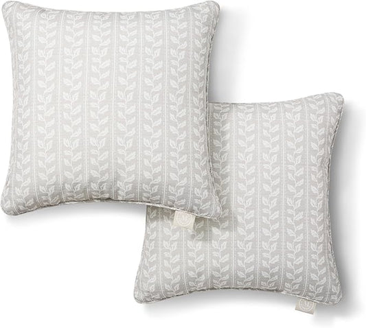 Martha Stewart Vineyard Vines Indoor Outdoor Decorative Pillow 2-Pack Set, UV Fade Resistant, Water Repellent, Printed Garden Design, Warm Grey, 18"x18"
