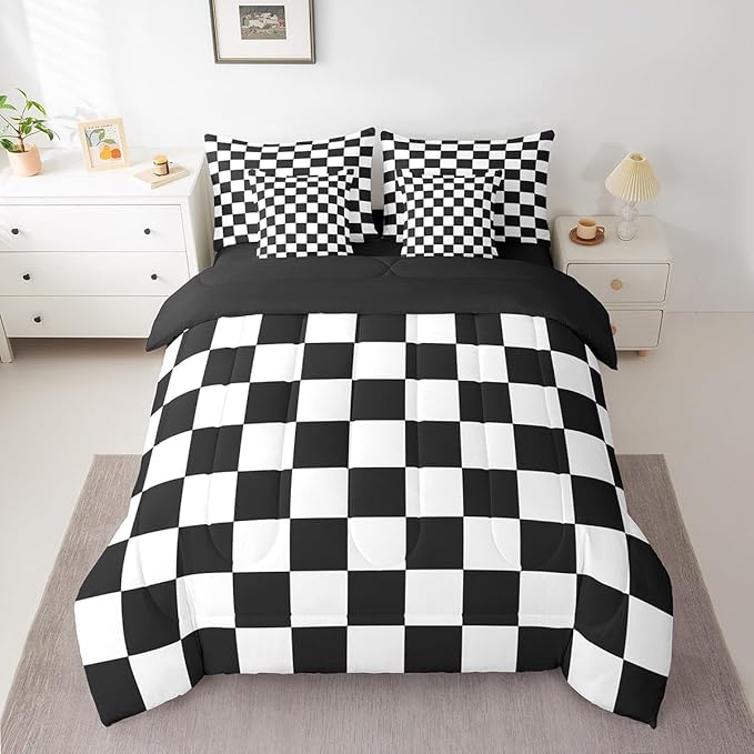Feelyou Checkered Retro 7 Piece Bedding Set Teen Women Men Black White Plaid Comforter Set with Sheets Full Size Kids Boys Geometric Vintage Bed in a Bag Modern Simple Groovy Aesthetic Room Decor