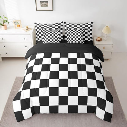 Feelyou Checkered Retro 7 Piece Bedding Set Teen Women Men Black White Plaid Comforter Set with Sheets Twin Size Kids Boys Geometric Vintage Bed in a Bag Modern Simple Groovy Aesthetic Room Decor