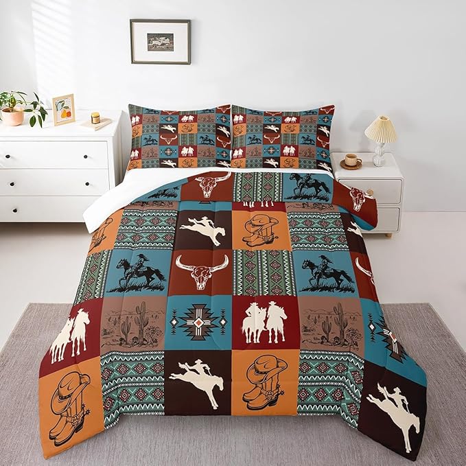 Southwestern Cowboy Bedding Sets Twin Size,Boho Aztec Tribal Cactus Print Comforter Set for Kids Girls Boys Adult Room Decor,Vintage Colorful Geometric Check Print Quilt Set,1 Pillowcase
