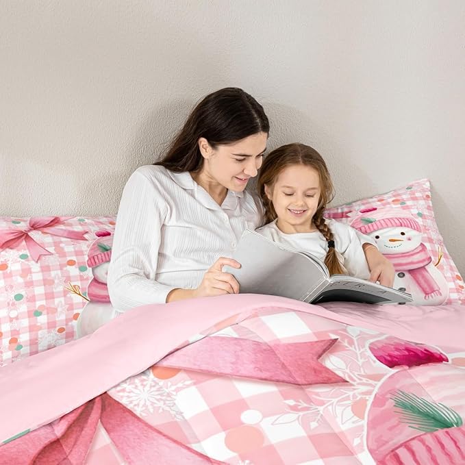 Castle Fairy Cute Cartoon Snowman Comforter Set,Pink Bow Girly Style Bedding Set Kids Teens Modern Decor,Pink White Geometric Grid Dots Comforter with 1 Pillowcase for All Seasons,Twin