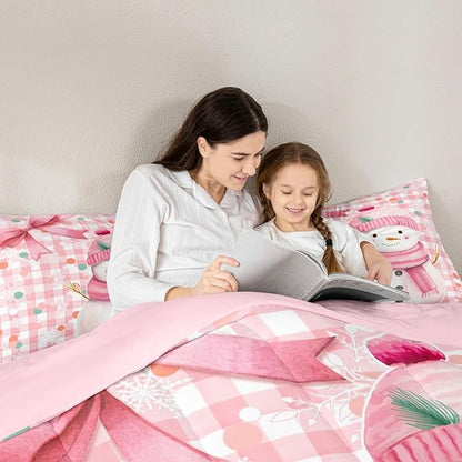 Castle Fairy Cute Cartoon Snowman Comforter Set,Pink Bow Girly Style Bedding Set Kids Teens Modern Decor,Pink White Geometric Grid Dots Comforter with 1 Pillowcase for All Seasons,Twin