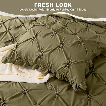 JOLLYVOGUE Olive Green Cal King Size Comforter Sets 7 Pieces, Pintuck Bed in a Bag Comforter Set for Bedroom, Bedding Comforter Sets with Comforter, Sheets, Ruffled Shams & Pillowcases