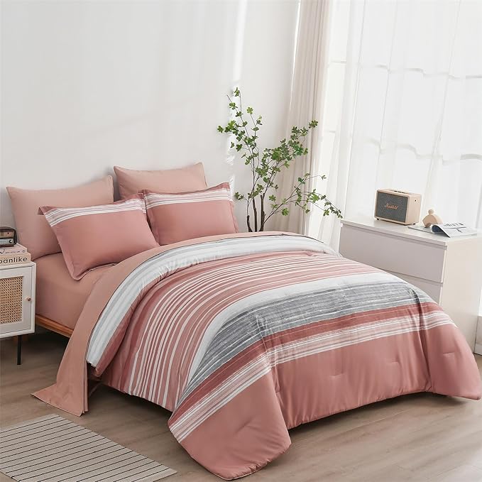 KAKIJUMN 7 Piece Bed in a Bag Stripe Comforter Set Queen Size, White Grey Blush Pink Patchwork Striped Comforter and Sheet Set, All Season Soft Microfiber Complete Bedding Sets(Pink,Queen)