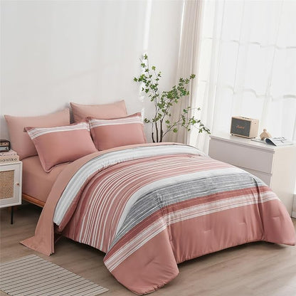 KAKIJUMN 5 Piece Bed in a Bag Stripe Comforter Set Twin Size, White Grey Blush Pink Patchwork Striped Comforter and Sheet Set, All Season Soft Microfiber Complete Bedding Sets(Pink,Twin)