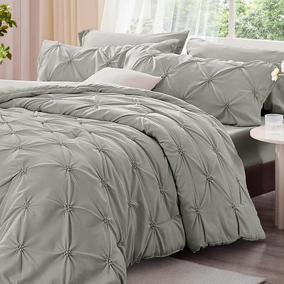 BEDELITE Grey Queen Comforter Set - 3 Pieces Boho Pintuck Bedding Comforter Sets, Lightweight Soft & Warm Bed Comforter Queen with 2 Pillowcases for All Season