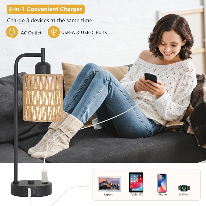 Touch Control Boho Table Lamps Set of 2, 3 Way Dimmable Desk Lamp with LED Bulbs, Rattan Bedside Lamp for Bedroom With Charging Ports and Outlet, Small Nightstand Lamp for Living Room Home Office