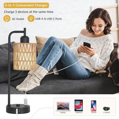 Touch Control Boho Table Lamps Set of 2, 3 Way Dimmable Desk Lamp with LED Bulbs, Rattan Bedside Lamp for Bedroom With Charging Ports and Outlet, Small Nightstand Lamp for Living Room Home Office