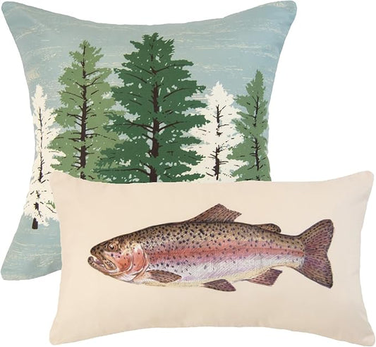 Donna Sharp 2-Piece Montana Forest Tree and Fish Nature Themed Decorative Throw Pillow Set - Pillows for Couch, Sofa, Beds, and Chairs - Includes 18" x 18" Square & 12" x 22" Rectangular Pillows