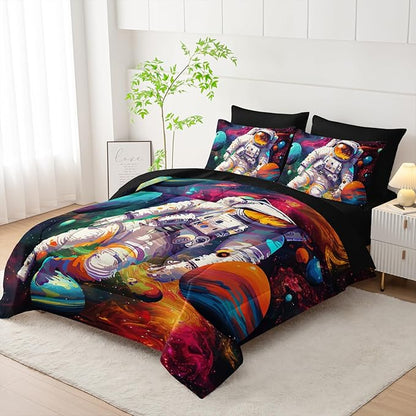 7 Piece Astronaut Themed Comforter Set Queen，Astronaut Bedding for Boys Queen Size，(1 Comforter, 1 Flat Sheet, 1 Fitted Sheet, 2 Pillowcase and 2 Pillow Sham)