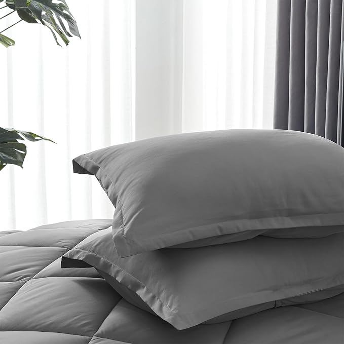 SLEEP ZONE Twin Comforter Set, 7 Pieces Comforter Bed in A Bag, Solid Color All Season Soft Down Alternative Comforter & Luxurious Microfiber Bed Sheets (Grey Square, Twin)