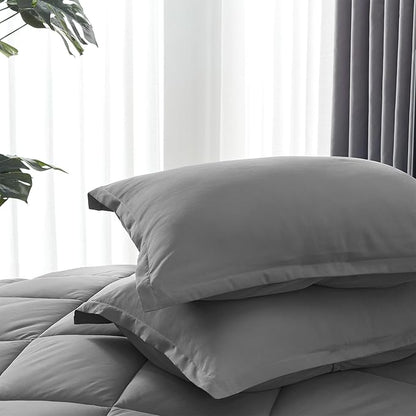 SLEEP ZONE Twin Comforter Set, 7 Pieces Comforter Bed in A Bag, Solid Color All Season Soft Down Alternative Comforter & Luxurious Microfiber Bed Sheets (Grey Square, Twin)
