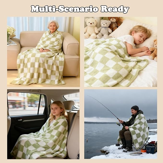 MorroMorn Checkered Blanket for Couch Bed Sofa Chair, Green Throw Blanket 2-Layers Soft Cozy Fleece Plaid Blankets Checkerboard Grid - Fluffy Fuzzy Plush Warm Home Decor, 60x80 inches