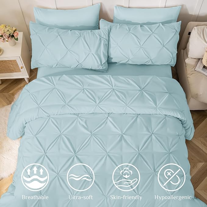 JOLLYVOGUE King Size Comforter Set 7 Pieces - Bed in a Bag King for All Season, Pintuck Bedding Comforter Sets with Comforter, Flat Sheet, Fitted Sheet and Pillowcases & Shams, Light Blue