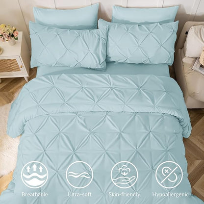 JOLLYVOGUE Full Size Comforter Sets 7 Pieces - Bed in a Bag Full for All Season, Pintuck Bedding Comforter Sets with Comforter, Flat Sheet, Fitted Sheet and Pillowcases & Shams, Light Blue