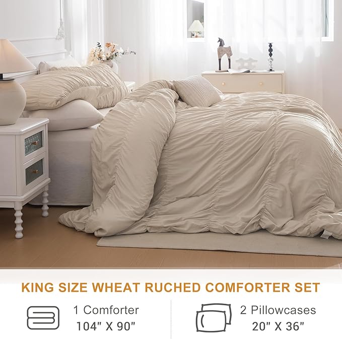 Lady Ann King Bed Comforter Set 104"*90 - Wheat Ruched Boho Bedding Comforter Set for Bedroom, 3 Piece Fluffy Bedroom Set with Pillow Shams Ultra Soft All Season Bed Sets for Women Men