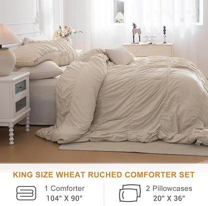 Lady Ann King Bed Comforter Set 104"*90 - Wheat Ruched Boho Bedding Comforter Set for Bedroom, 3 Piece Fluffy Bedroom Set with Pillow Shams Ultra Soft All Season Bed Sets for Women Men