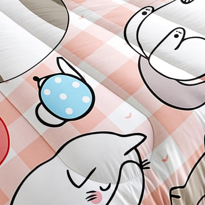 Kawaii Comforter Set for Girls Kids Kawaii Cat 3 Pieces Bedding Set Queen Size,Cartoon Strawberry Bed Set Quilts Set Lightweight Soft Microfiber Warm Down Alternative All Season With 2 Pillowcase