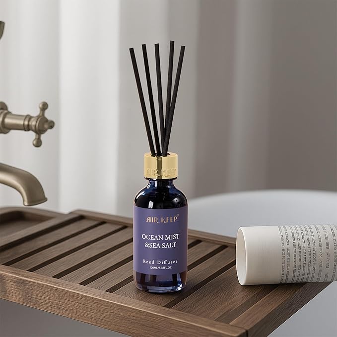 Airkeep Reed Diffuser Set, 3.38 fl oz (100 ml) - Ocean Mist&Sea Salt Oil Diffusers with 8 Reed Sticks, Home Fragrance Reed Diffuser for Bathroom Shelf Decor