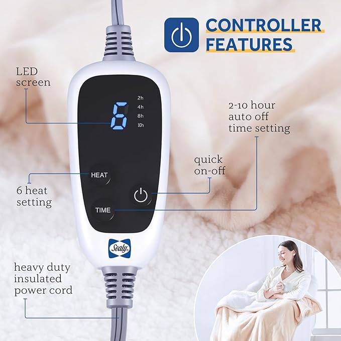 Sealy Electric Blanket with Foot Pocket for Adults, Flannel & Sherpa Heated Blanket Throw with 6 Heating Levels & 2-10 Hours Auto Shut Off, Fast Heating & Machine Washable, 50x62 Inch, Beige
