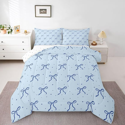 Erosebridal Blue Bow Comforter Set Toddler Size Coquette Bows Bedding Set Trendy Cute Ribbon Bowknot Comforter for Teen Girls Kids Women Bedroom Girly Preppy Princess Quilt Duvet