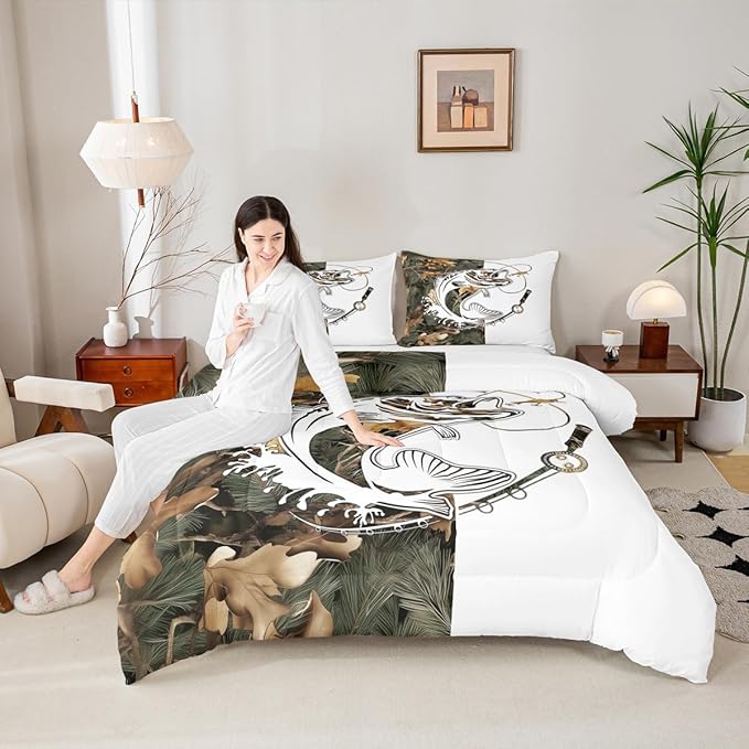 Erosebridal Camo Fishing King Bedding Set - Big Bass Pike Fish Comforter Set for Boys Kids Men | Rustic Cabin Farmhouse Quilt | Camouflage Hunting Bedroom Decor with 2 Pillowcases