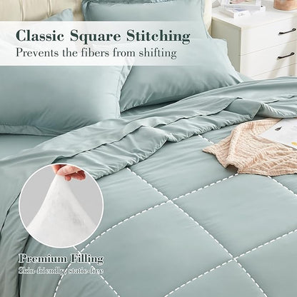EMME 7-Pieces, Down Alternative Brushed Bedding Comforter Set with Sheets, Ultra Soft and Comfortable Solid Bed Set for All Season (Full/Queen, Aqua Blue)