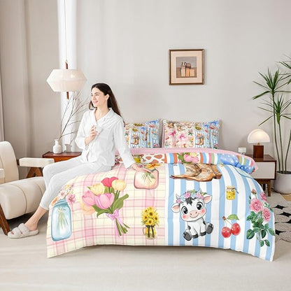 Erosebridal Bow King Comforter Set Cow Girl 7-Piece Bed in A Bag Western Bowknot Floral Rustic Lattice Stripe Sheets and Pillowcases Pink Yellow Bed Sets