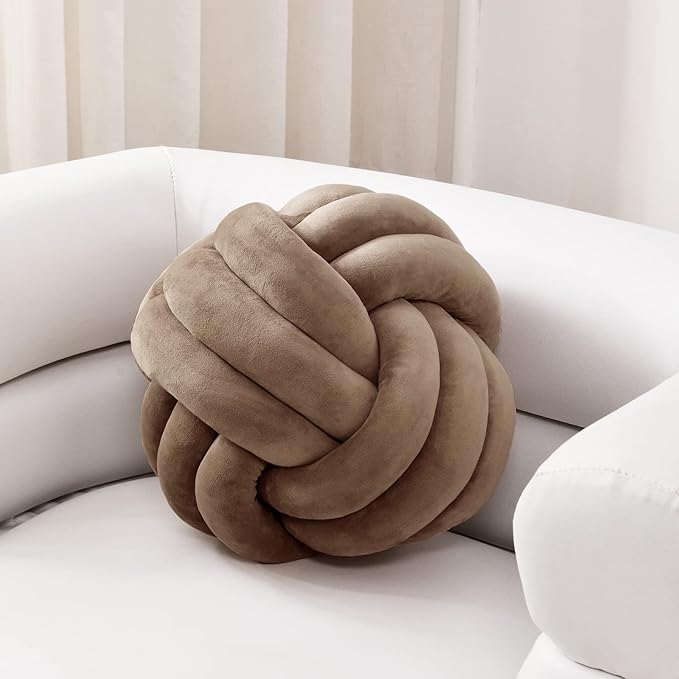 Sioloc Soft Knot Ball Pillows,Round Throw Pillow Cushion Home Decoration Plush Pillow,Throw Knotted Pillow Handmade Round Plush Pillow（7.8inches,Brown）