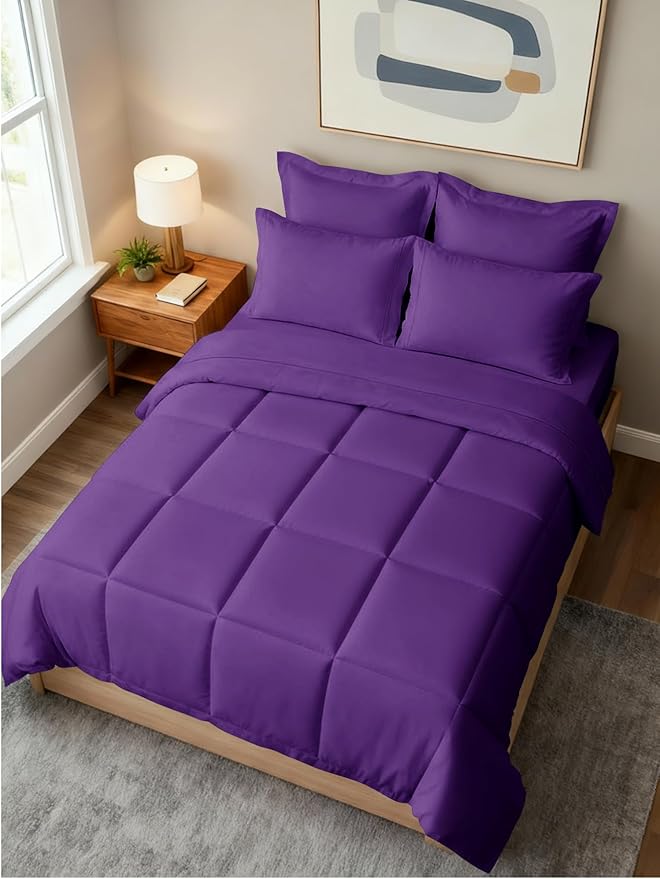 King Comforter Set - 7 Piece Bed in a Bag King Size Bed Set - Down Alternative Comforter, Flat Sheet, Fitted Sheet, Pillowcase & Shams for All Seasons - Ultra Soft, Cozy, Comfy & Breathable - Purple