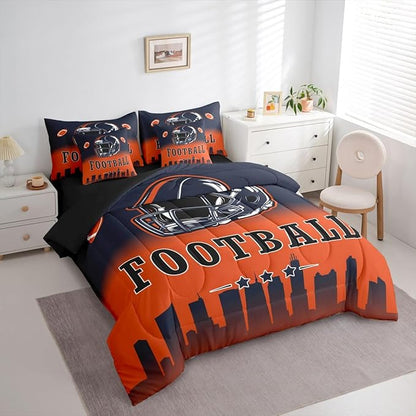 Erosebridal Football Boys Twin 7 Piece Bedding Set American Soccer Sports Comforter Set with Sheets Sports Rugby Orange Blue Bed in A Bag for Kids Teen Adults,Ball Games Bed Set