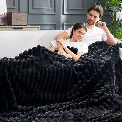 Cozy Bliss Faux Fur Throw Blanket for Couch, Cozy Warm Plush Striped Blanket for Sofa Bedroom Living Room, 90 * 90 Inches Black