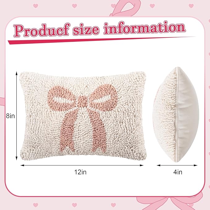 Peryiter Handicraft Bow Throw Pillow 12'' x 8'' Coquette Needlepoint Throw Pillow Cute Bow Decor Gift for Home Decoration Party Decor, Couples, Wedding, Room Cushion