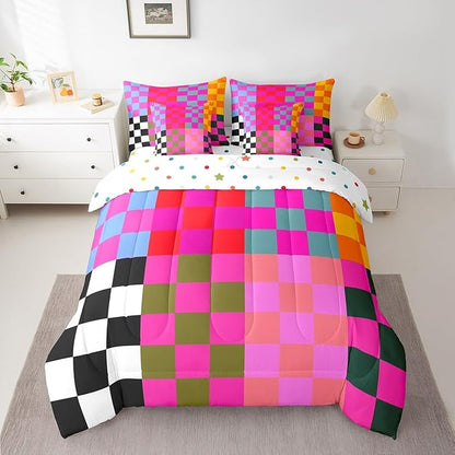 Feelyou Multicolored Checkered Retro 7 Piece Bedding Set Kids Boys Girls Geometric Vintage Comforter Set with Sheets King Size Black Red Purple Bed in a Bag Modern Simple Groovy Aesthetic Room Decor