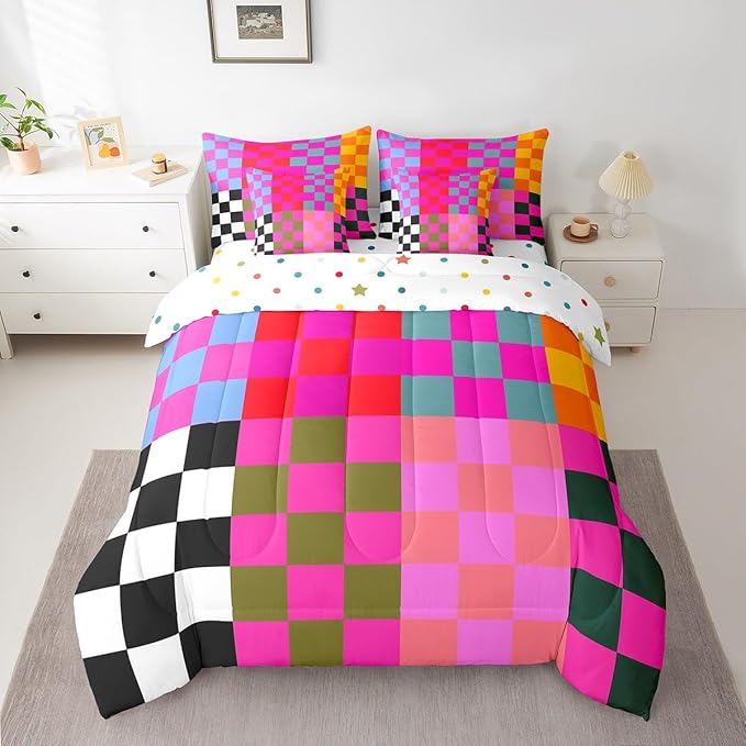 Feelyou Multicolored Checkered Retro 7 Piece Bedding Set Kids Boys Girls Geometric Vintage Comforter Set with Sheets Full Size Black Red Purple Bed in a Bag Modern Simple Groovy Aesthetic Room Decor