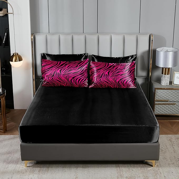 Zebra Print Bedding Set Hot Pink Satin Comforter with Sheets Zebra Stripe Animal Print Africa Wildlife Theme Silk Like Silky Bed in A Bag Black Pink Comforter Sets