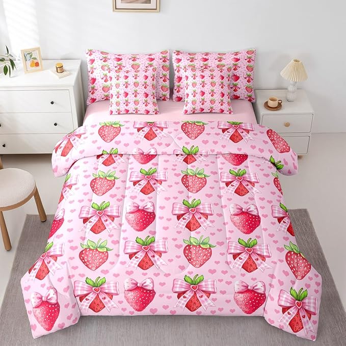 Erosebridal Bowknot Strawberry Pink Girls King 7-Piece Comforter Set | Love Hearts Kawaii Sheets and Pillowcases Cute Fruits Bow Bed in A Bag Kids Girly Women Bed Sets