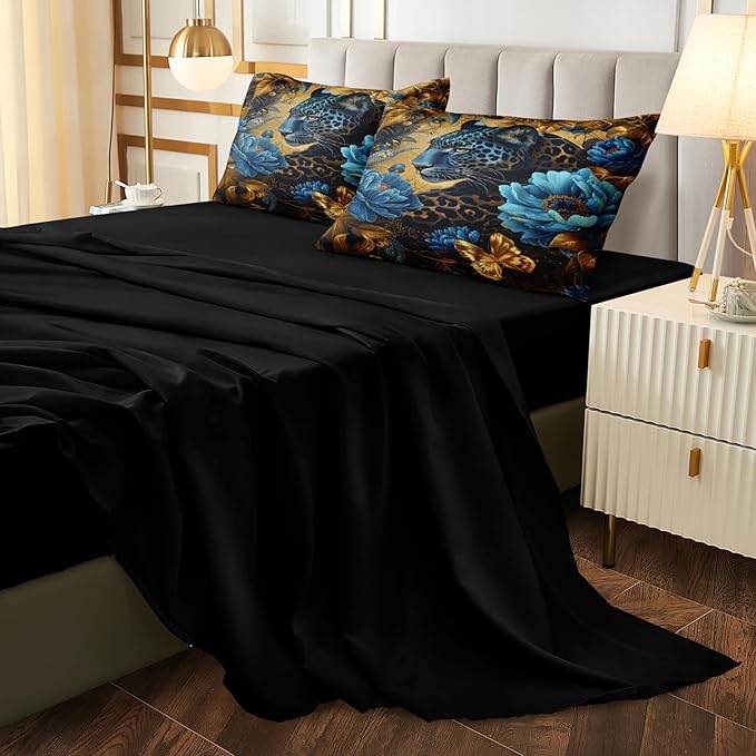 Black Gold Comforter Set Leopard Animal Bedding Set Blue Floral Brown Leopard Print Black and Blue Comforter Forest Theme Vintage Retro Black Bed in A Bag Queen