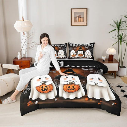 Erosebridal Boys Halloween Bedding Set Twin, Ghost Holding Pumpkin Comforter Set, Halloween Ghost with Wizard Hat Comforter, Bat Cobweb Black Quilt with 1 Pillowcase for Kids Girls Teens Bedroom