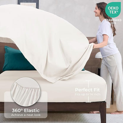 HEVUMYI Queen Comforter Set - 7-Piece All Season Bed in a Bag Queen, Ultra Soft Bedding Set with Comforter, Flat Sheet, Fitted Sheet, Pillowcases, Pillow Shams, Peacock Blue & Ivory