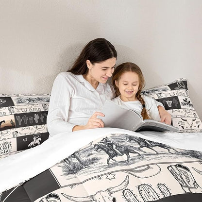 Western Cowboy Kids Comforter Set King Size,Cowboy Boots Horseshoe Farmhouse Bedding Set,Boys Girls Adults Room Decor,Cow Skull Cactus Rustic Down Comforter,Beige Retro Duvet Insert,2 Pillowcases