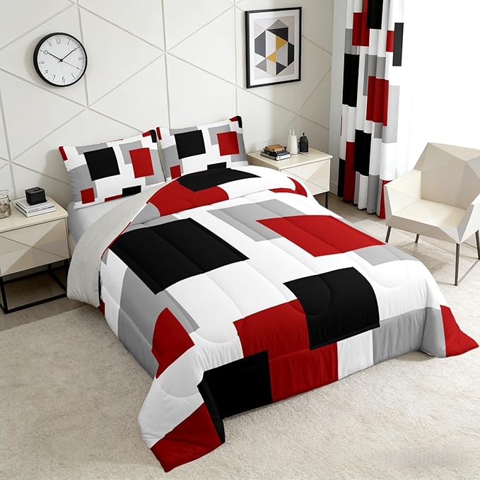 Castle Fairy Red Black White Comforter/Duvet Set,Geometric Grid Square Splicing Ultra Soft Bed Collection,Modern Abstract Bedding for Room Decor 3 Pcs,Microfiber Breathable,King