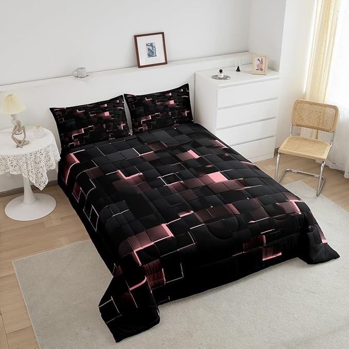 Erosebridal Pink and Black Comforter Set King Neon Geometric Checkered Bedding Set for Kids Girls Teen,Tereoscopic Grids Comforter Square Plaid Quilt Duvet Room Decor 3 Pcs