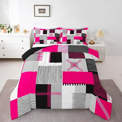 Erosebridal Hot Pink Grey Comforter Set King Black White Abstract Bedding Set for Kids Girls Teen Women Geometric Square Quilt Grids Checkered Duvet Insert Modern Fashion Room Decor 3 Pcs