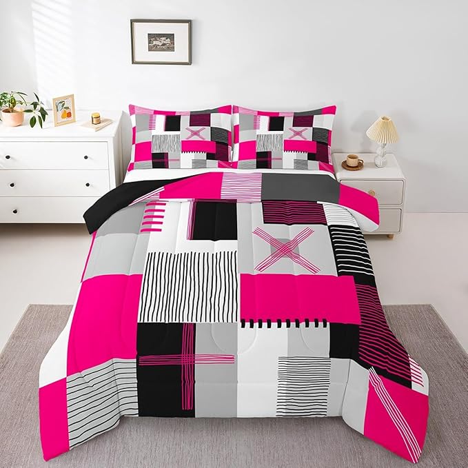 Erosebridal Hot Pink Grey Comforter Set Queen Black White Abstract Bedding Set for Kids Girls Teen Women Geometric Square Quilt Grids Checkered Duvet Insert Modern Fashion Room Decor 3 Pcs