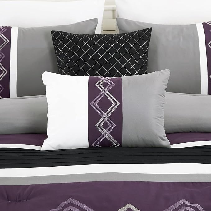 Chezmoi Collection Arden 7-Piece Modern Pleated Stripe Embroidered Zigzag Bedding Comforter Set (Oversized King, Purple/Black/Gray/White)