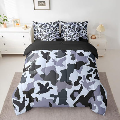 Erosebridal Duck Hunter 7 Pcs Bed Set Queen Size Camo Bedding for Kids Boys Army Camouflage Hunting Bed in A Bag Sheet Set Vintage Blue Grey Bedroom Decor Wild Animal Duck Farmhouse Comforter Set