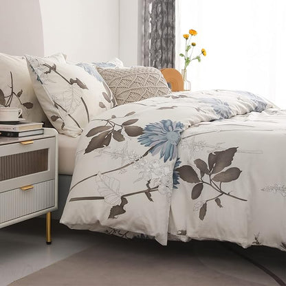 SLEEPBELLA Comforter Queen Size, 600 Thread Count Cotton Brown Branches and Blue Flowers Off-White Comforter Sets, Down Alternative Bedding Set 3Pcs(Queen, Off-White Botanical)